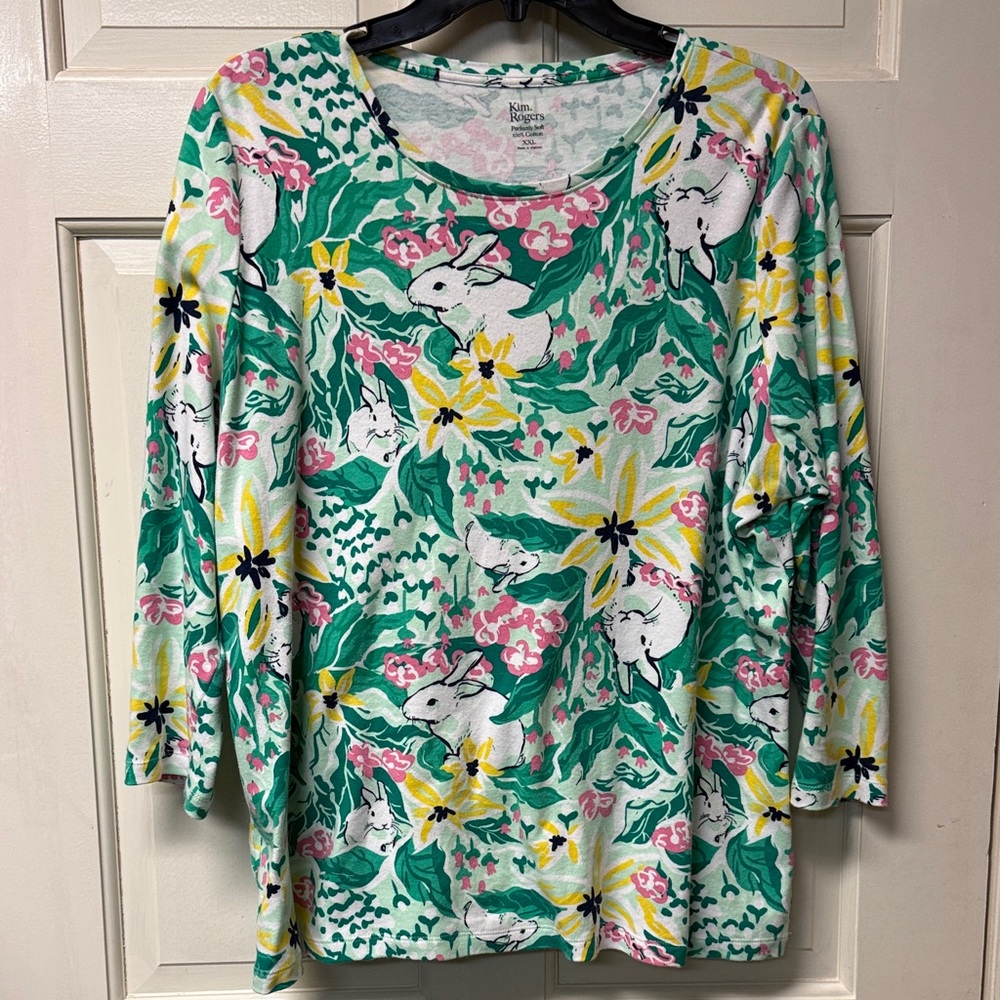 Easter Kim Rogers Spring floral XXL top 3/4 sleeve Bunny Rabbit, flowers, Cotton